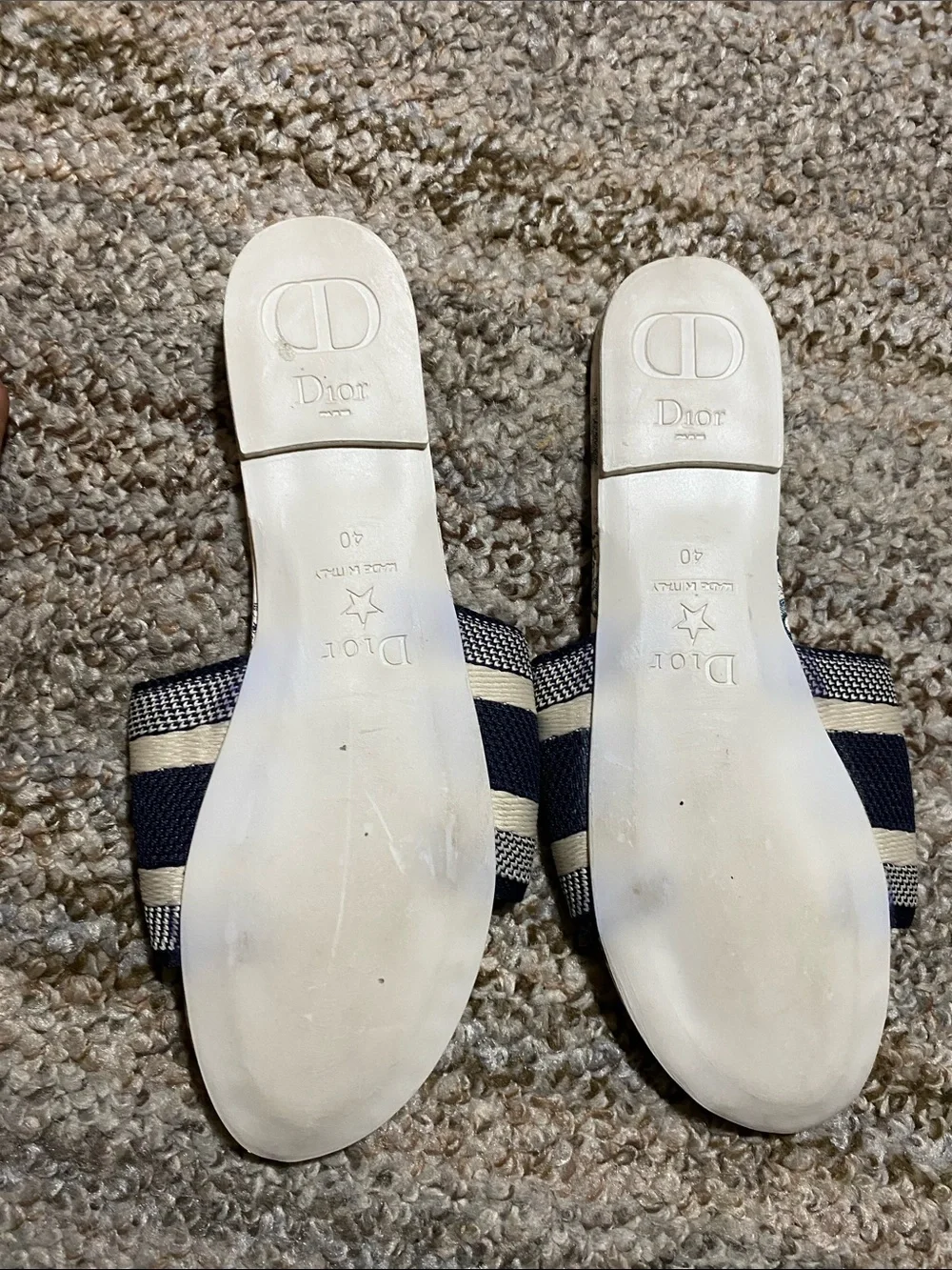 Dior Beige and Navy Christian Dior Logo Slide Sandals
